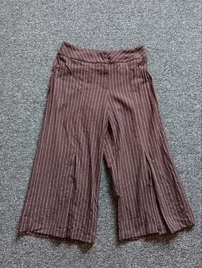 Linen Blend Wide Leg Brown Culotte Pinstripe Pants, Bentley Womens 4, Made USA